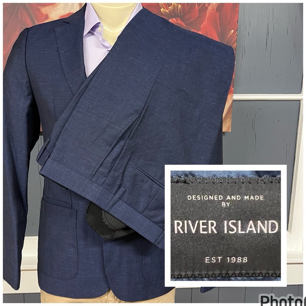 River Island Suit‎ Mens 38R Slim Fit Taper Leg Pants 32x30 Wool Linen Blend Navy